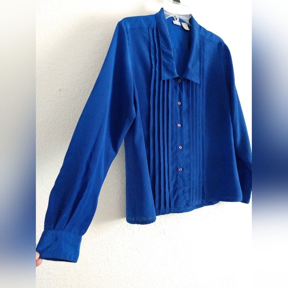 Vintage Elle Blouse Blue Pleated Front V Neck Long Sleeve Size 10 Chest 40" - Picture 4 of 4